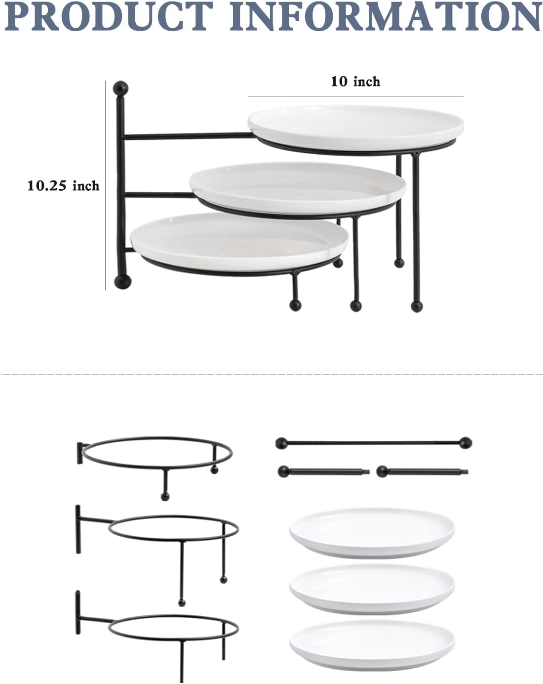 Kanwone 3 Tiered Serving Stand with White Porcelain Plates, 10" Round Tray, Dessert Table Display Set, Black Metal Stand, Versatile & Durable