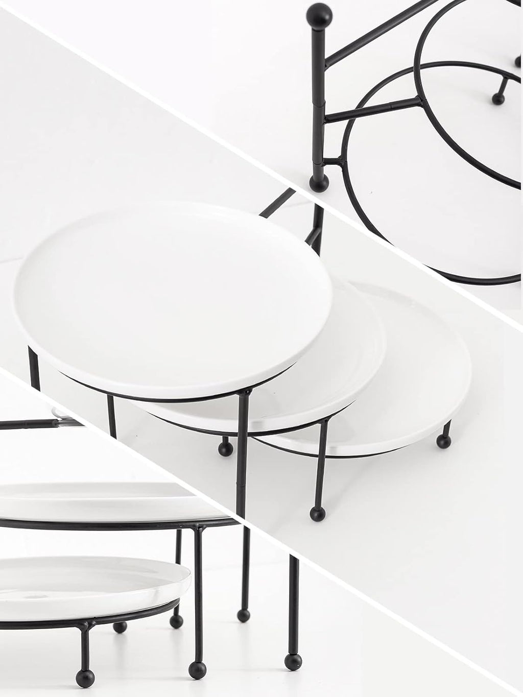 Kanwone 3 Tiered Serving Stand with White Porcelain Plates, 10" Round Tray, Dessert Table Display Set, Black Metal Stand, Versatile & Durable