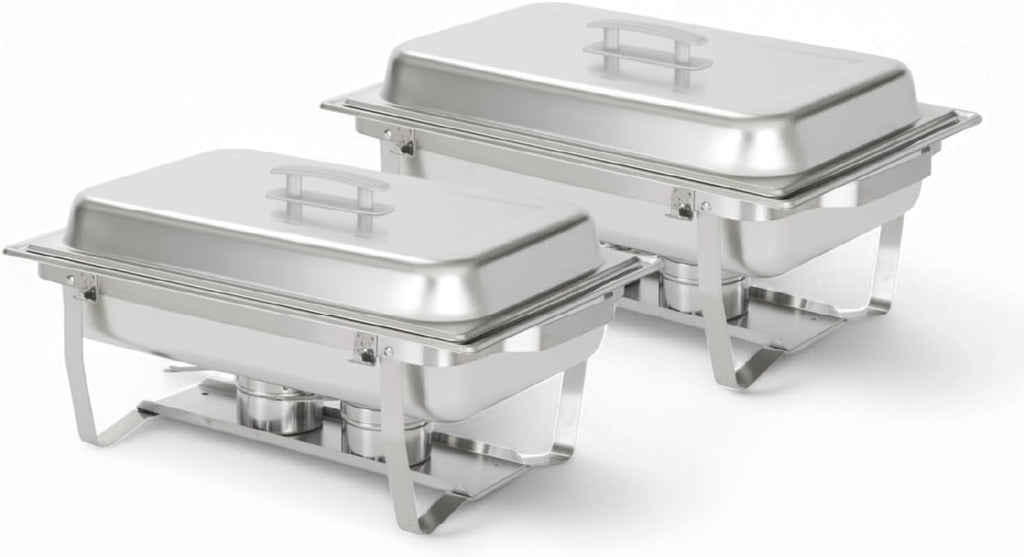 Alpha Living 4 Pack Chafing Dish Full Set – Stainless Steel Catering Chafer with Lids, Pans & Fuel Holders – Buffet Food Warmers for Parties, Events & Weddings – Alpine Gray Handles