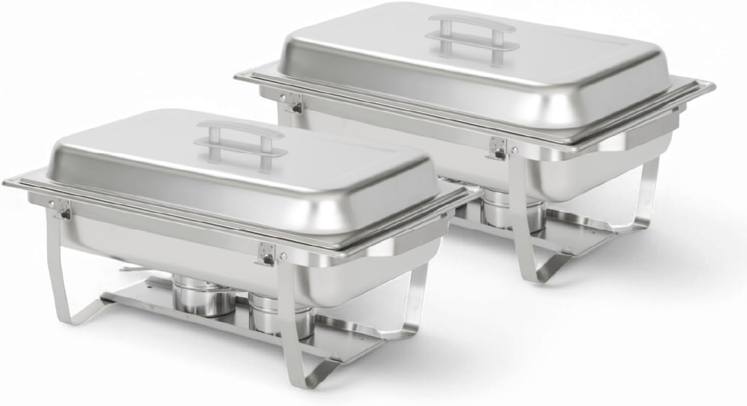 Alpha Living 4 Pack Chafing Dish Full Set – Stainless Steel Catering Chafer with Lids, Pans & Fuel Holders – Buffet Food Warmers for Parties, Events & Weddings – Alpine Gray Handles