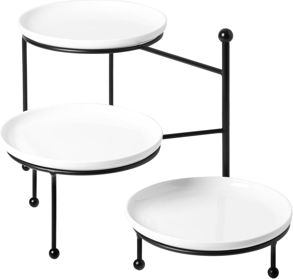 Kanwone 3 Tiered Serving Stand with White Porcelain Plates, 10" Round Tray, Dessert Table Display Set, Black Metal Stand, Versatile & Durable