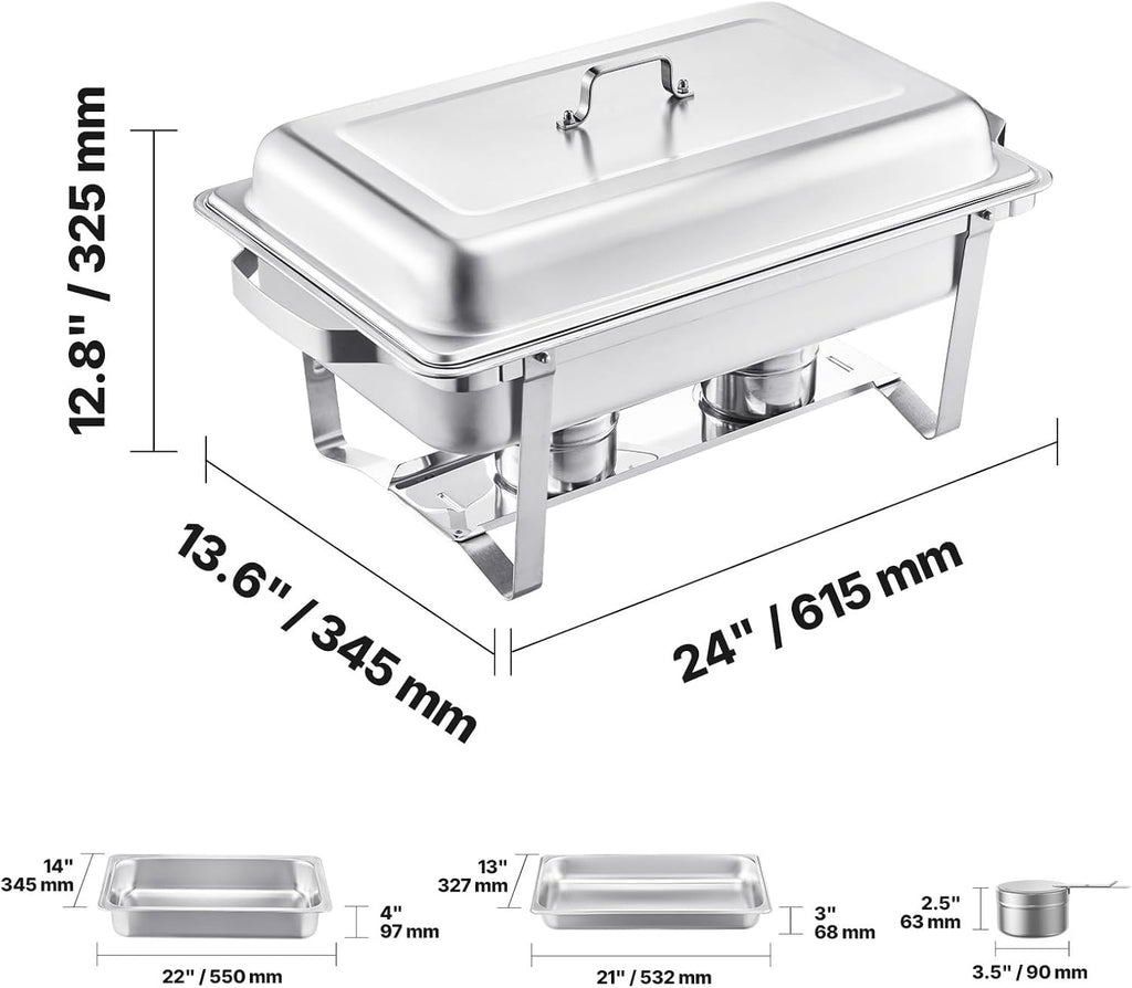 VEVOR Chafing Dish Buffet Set, 8 Qt 2 Pack, Stainless Steel Chafer with 2 Full Size Pans, Rectangle Catering Warmer Server with Glass Lid Water Pan Folding Stand Fuel Holder, for Wedding Party Banquet