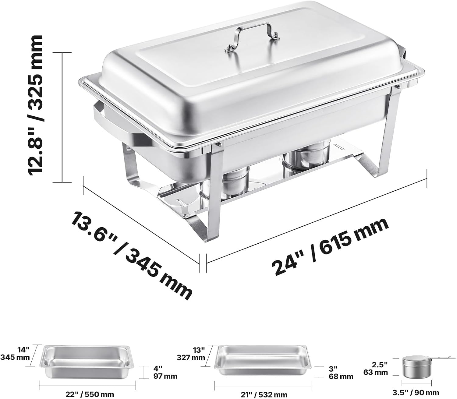 VEVOR Chafing Dish Buffet Set, 8 Qt 2 Pack, Stainless Steel Chafer with 2 Full Size Pans, Rectangle Catering Warmer Server with Glass Lid Water Pan Folding Stand Fuel Holder, for Wedding Party Banquet