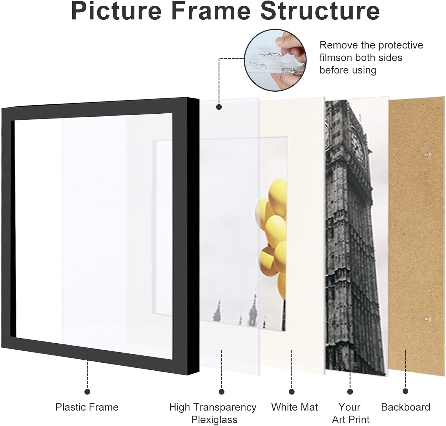 12x12 Picture Frame Set of 9, Display Pictures 8x8 with Mat or 12x12 without Mat, Multi Collage Gallery Square Photo Frames for Wall or Tabletop, Black