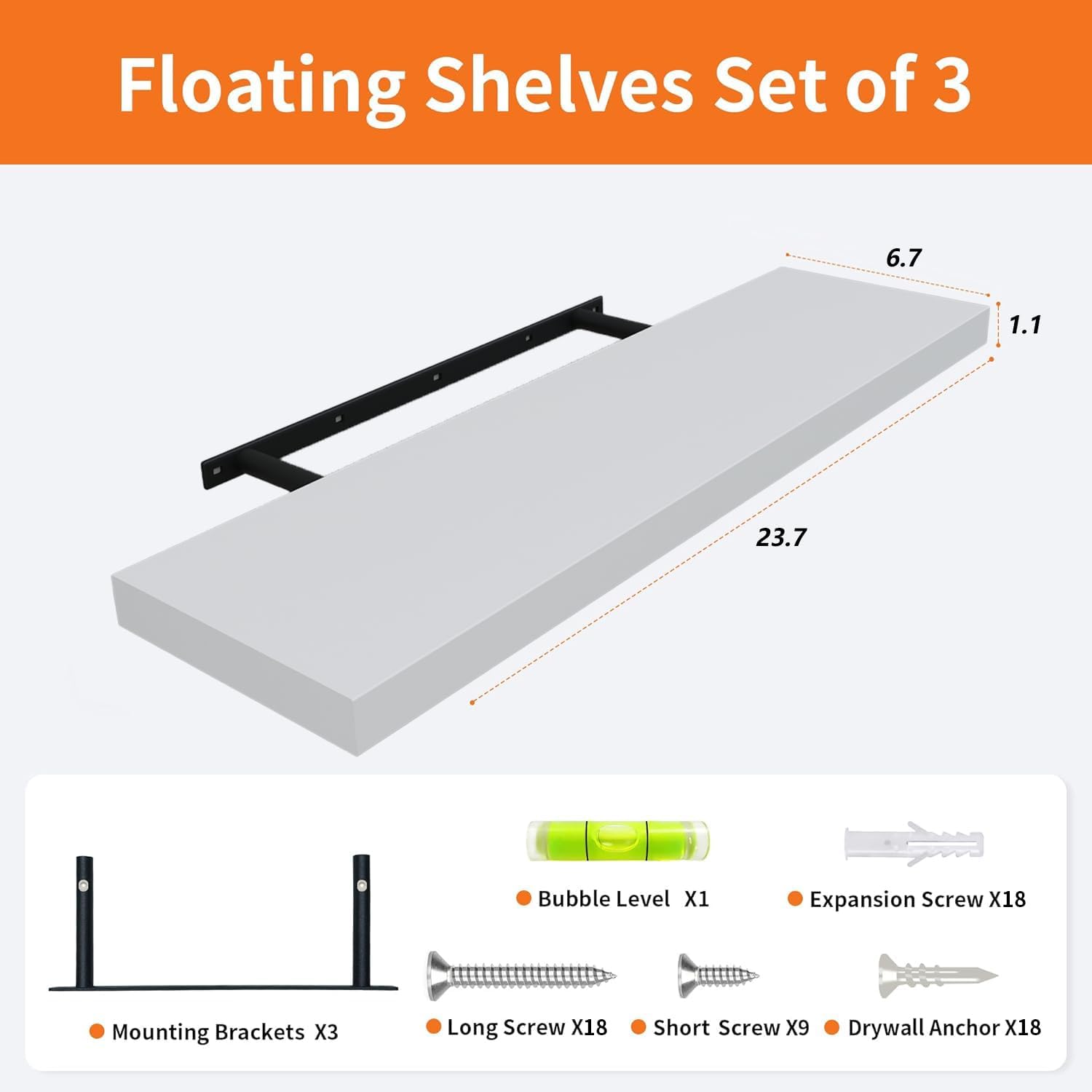 Floating Shelves for Wall Set of 3, 24" White Wall Shelves for Home Decor, Frame Display White Floating Shelf for Living Room, Bedroom, Bathroom, Kitchen