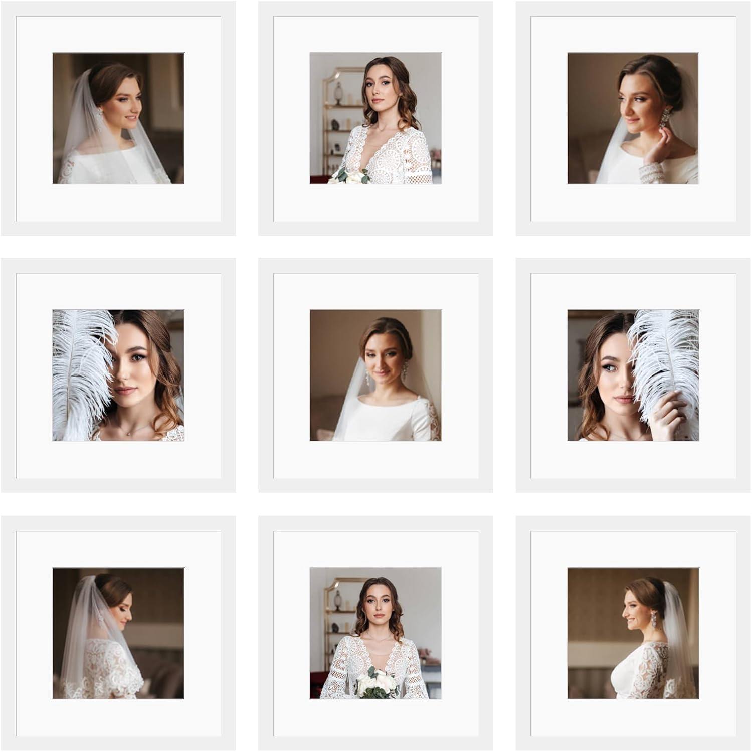 12x12 Picture Frame Set of 9, Display Pictures 8x8 with Mat or 12x12 without Mat, Multi Collage Gallery Square Photo Frames for Wall or Tabletop, Black