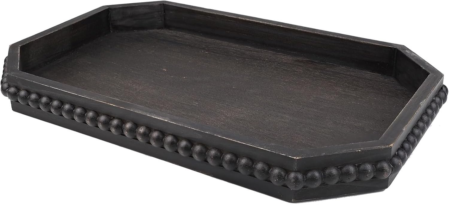 Wood Rustic Serving Tray with Beads, Farmhouse Brown Decorative Tray for Table Centerpiece, Christmas Wedding Halloween Home Decor