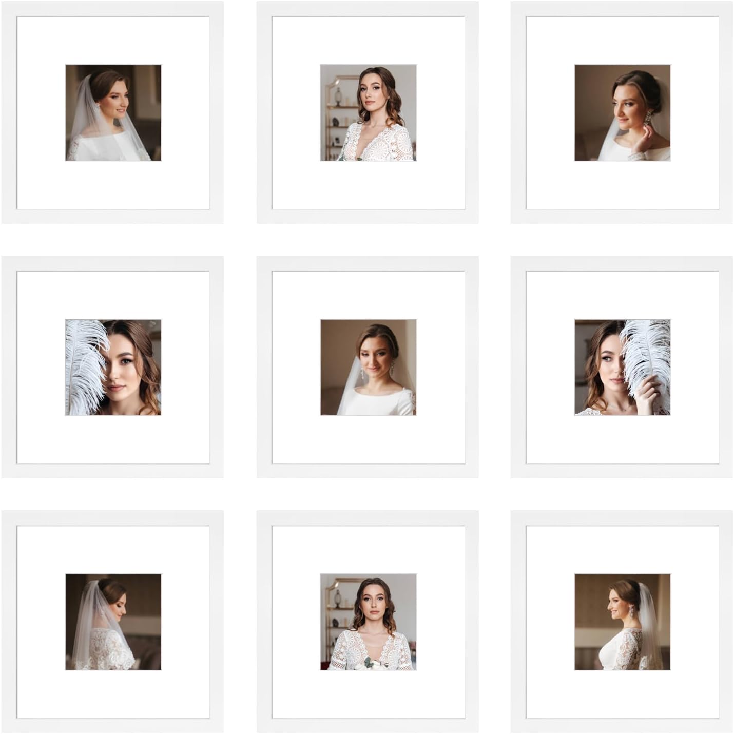 12x12 Picture Frame Set of 9, Display Pictures 8x8 with Mat or 12x12 without Mat, Multi Collage Gallery Square Photo Frames for Wall or Tabletop, Black