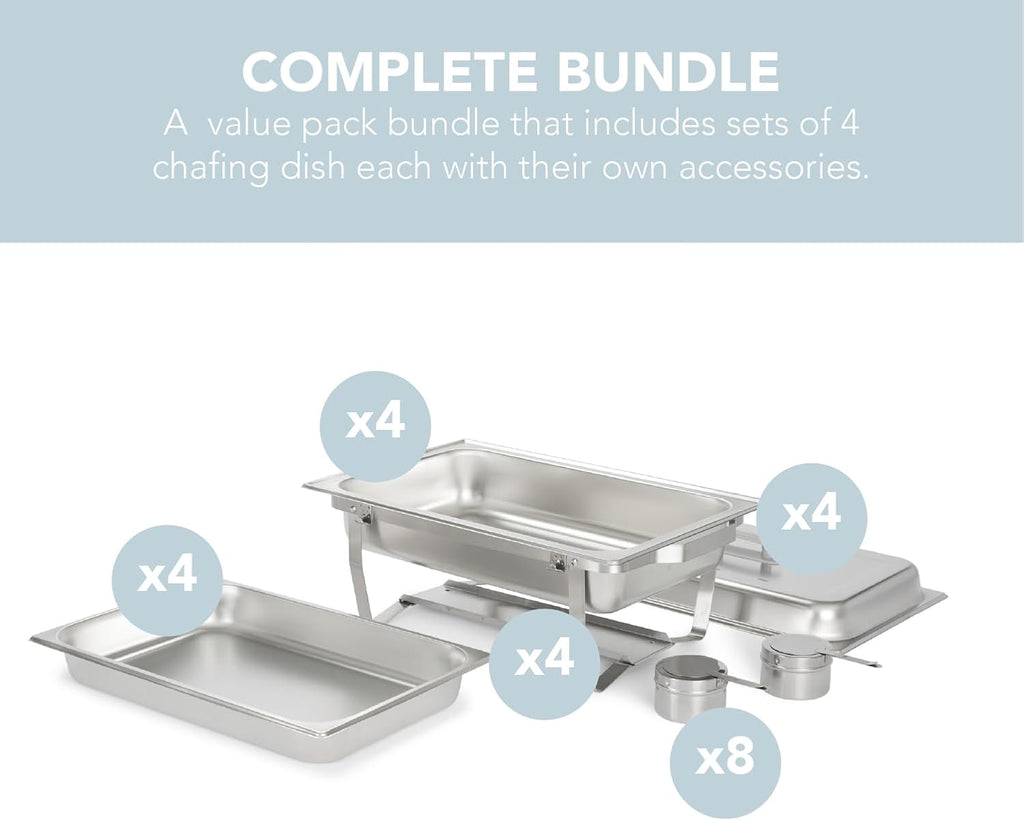 Alpha Living 4 Pack Chafing Dish Full Set – Stainless Steel Catering Chafer with Lids, Pans & Fuel Holders – Buffet Food Warmers for Parties, Events & Weddings – Alpine Gray Handles