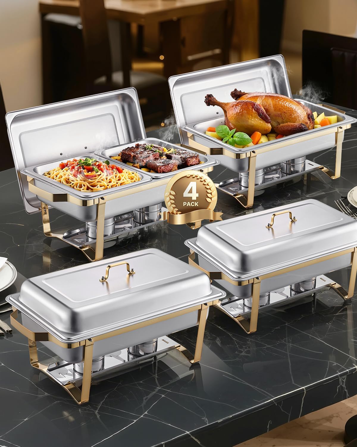 VEVOR Chafing Dish Buffet Set, 8 Qt 4 Pack, Stainless Chafer with 4 Full Size Pans, Rectangle Catering Warmer Server with Lid Water Pan Folding Stand Fuel Tray Holder Spoon Clip