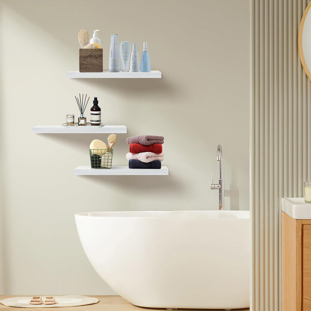 Floating Shelves for Wall Set of 3, 24" White Wall Shelves for Home Decor, Frame Display White Floating Shelf for Living Room, Bedroom, Bathroom, Kitchen