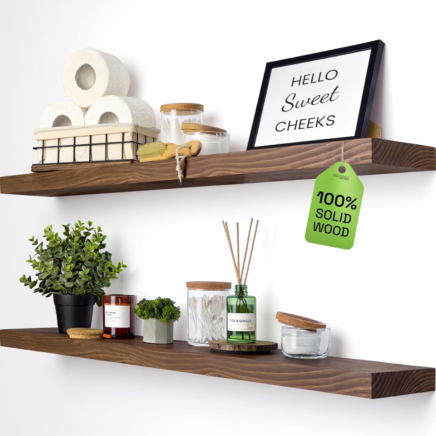 BAOBAB WORKSHOP Wood Floating Shelves Set of 2 - Rustic Shelf 24 inch - Floating Shelf for Wall Mounted - Wide Wooden Wall Shelves for Living Room Bedroom Kitchen Bathroom - Dark Walnut - 24W x 6.7D