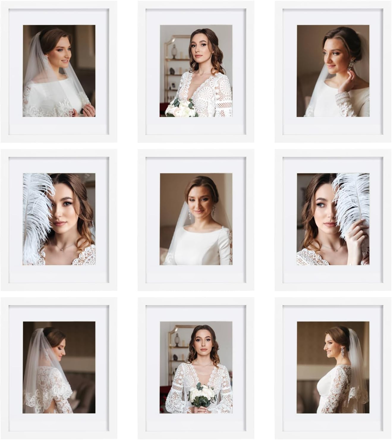 12x12 Picture Frame Set of 9, Display Pictures 8x8 with Mat or 12x12 without Mat, Multi Collage Gallery Square Photo Frames for Wall or Tabletop, Black