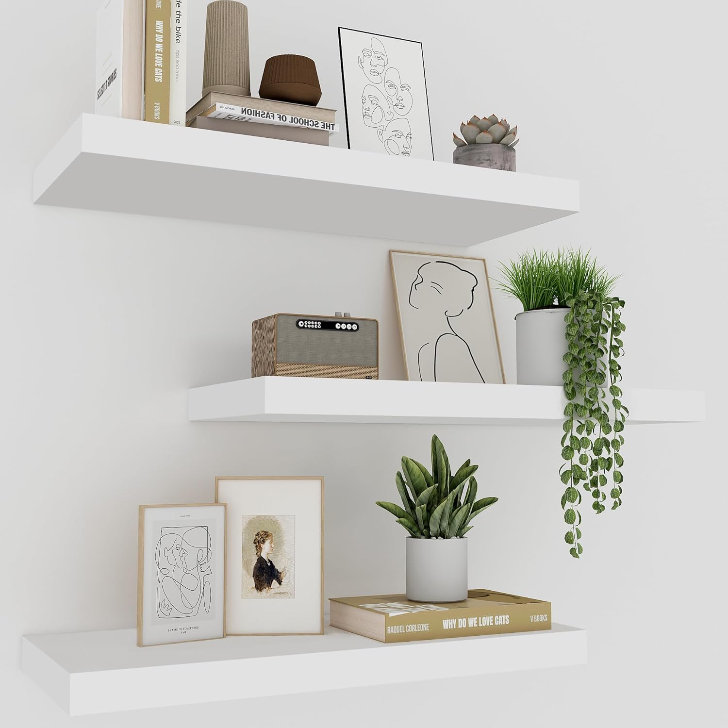 Floating Shelves for Wall Set of 3, 24" White Wall Shelves for Home Decor, Frame Display White Floating Shelf for Living Room, Bedroom, Bathroom, Kitchen