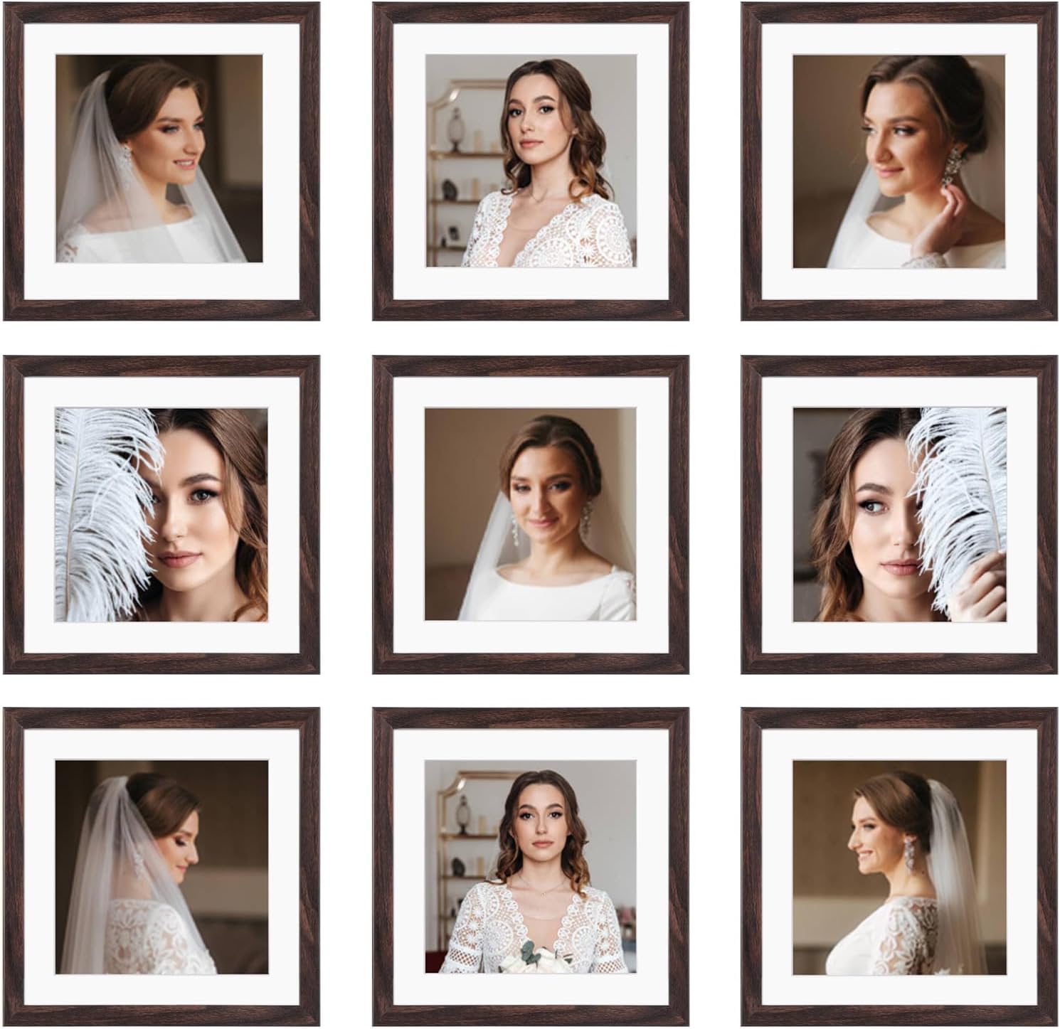 12x12 Picture Frame Set of 9, Display Pictures 8x8 with Mat or 12x12 without Mat, Multi Collage Gallery Square Photo Frames for Wall or Tabletop, Black