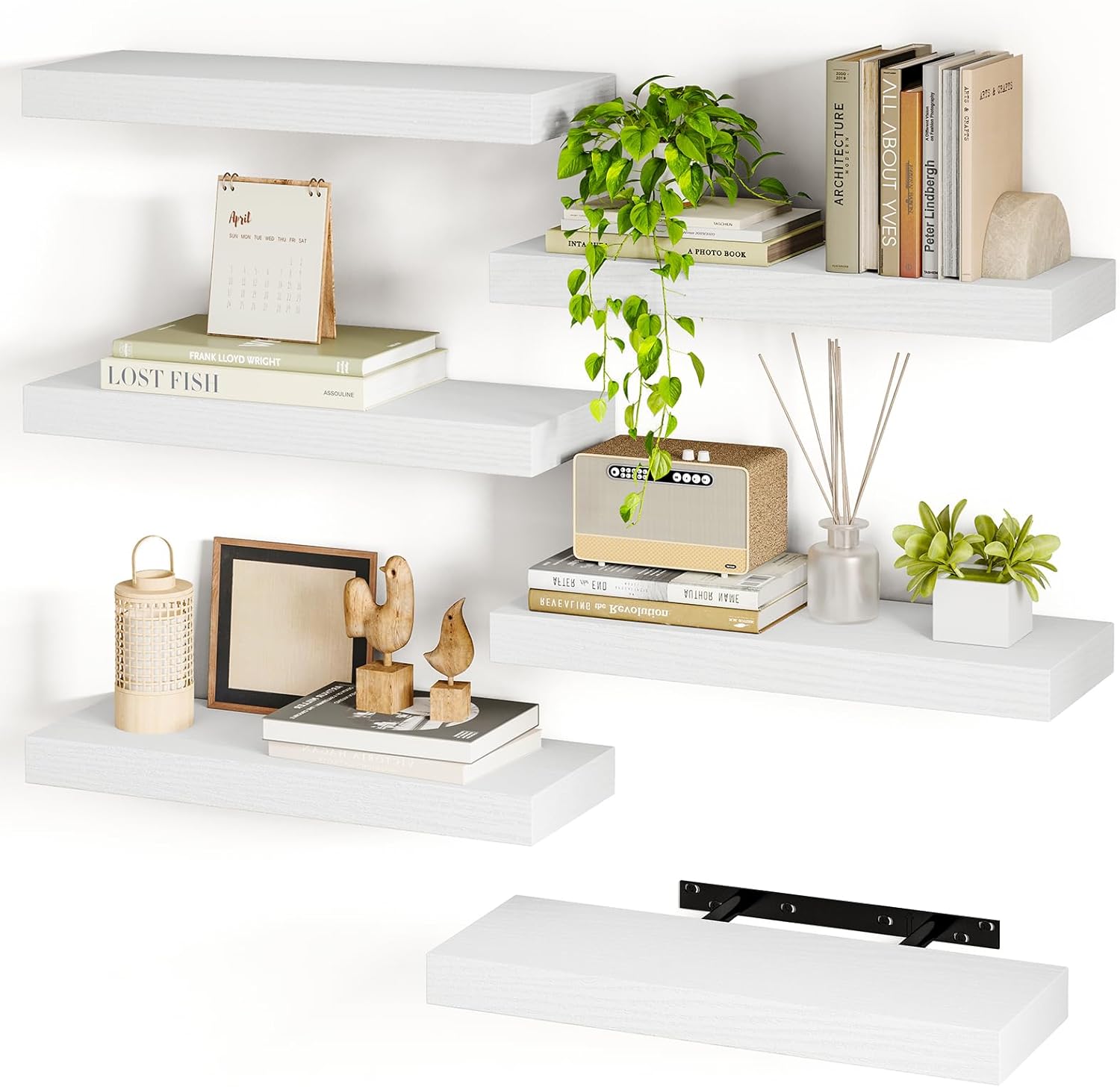 Fixwal 15.8in Floating Shelves, Set of 6 Wood Shelves, Farmhouse Shelf Wall Decor for Bathroom, Bedroom, Living and Kitchen Room (Rustic Brown)