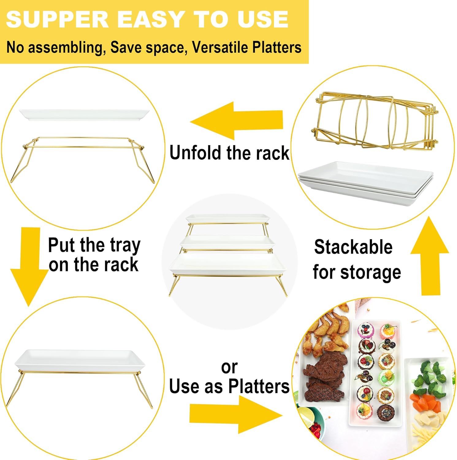 Extra Large 3 Tier Serving Tray, 24 x22 x 9.8 Inch Melamine Tiered Tray Stand and Platters for Party Buffet Entertaining, White and Gold