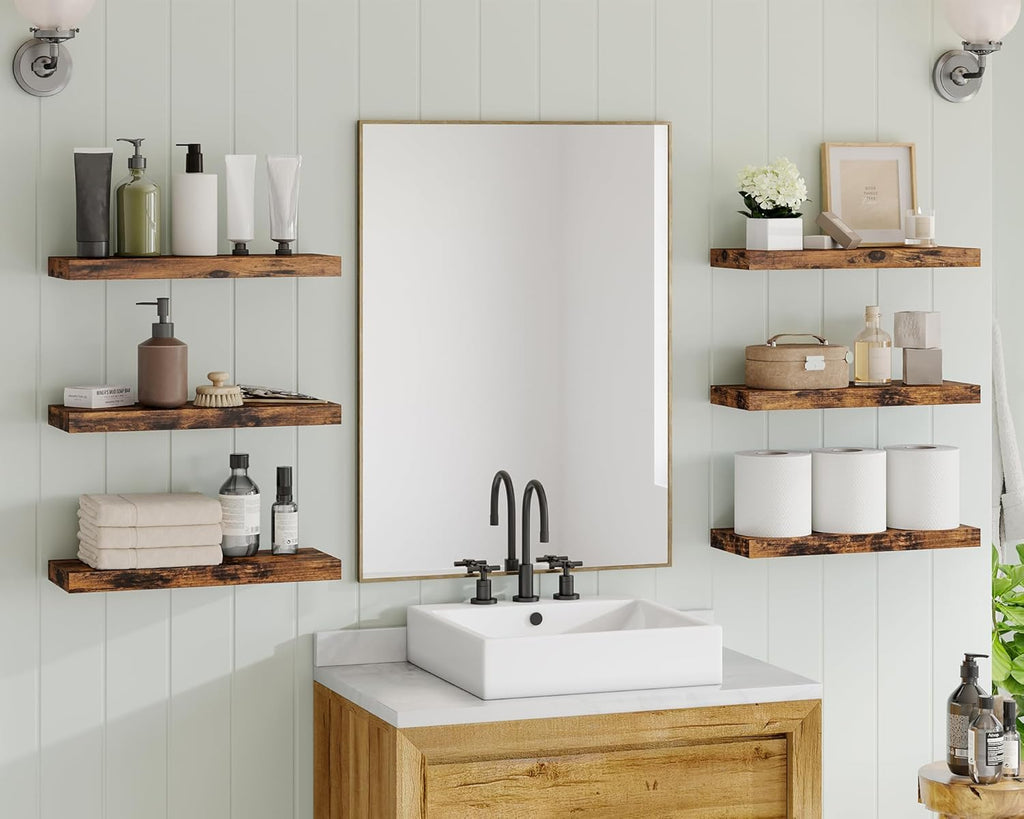 Fixwal 15.8in Floating Shelves, Set of 6 Wood Shelves, Farmhouse Shelf Wall Decor for Bathroom, Bedroom, Living and Kitchen Room (Rustic Brown)