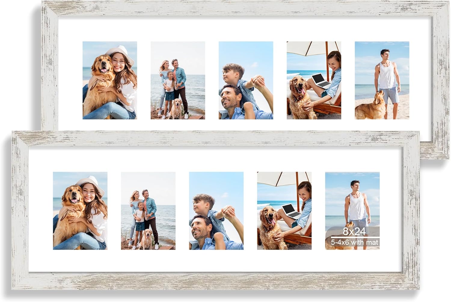 12x22 Picture Frame Set of 2, Rustic Brown with Glass Collage Frame, Display Eight Opening 4x6 Photos With Mat or 12 x 22 Newspaper Without Mat - Horizontal or Vertical Wall Mounting