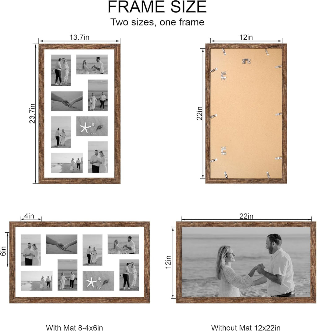 12x22 Picture Frame Set of 2, Rustic Brown with Glass Collage Frame, Display Eight Opening 4x6 Photos With Mat or 12 x 22 Newspaper Without Mat - Horizontal or Vertical Wall Mounting