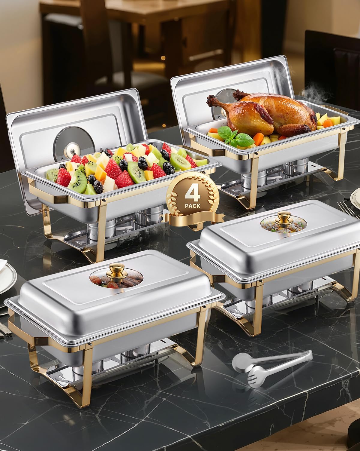 VEVOR Chafing Dish Buffet Set, 8 Qt 4 Pack, Stainless Chafer with 4 Full Size Pans, Rectangle Catering Warmer Server with Lid Water Pan Folding Stand Fuel Tray Holder Spoon Clip