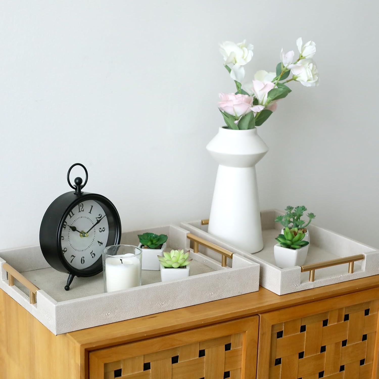 SwallowLiving Set of 2 Shagreen Serving Tray with Gold Polished Metal Handles Ivory Wood Decorative Tray PU Leather with Brushed Gold for Coffee Table Ottoman Console Table