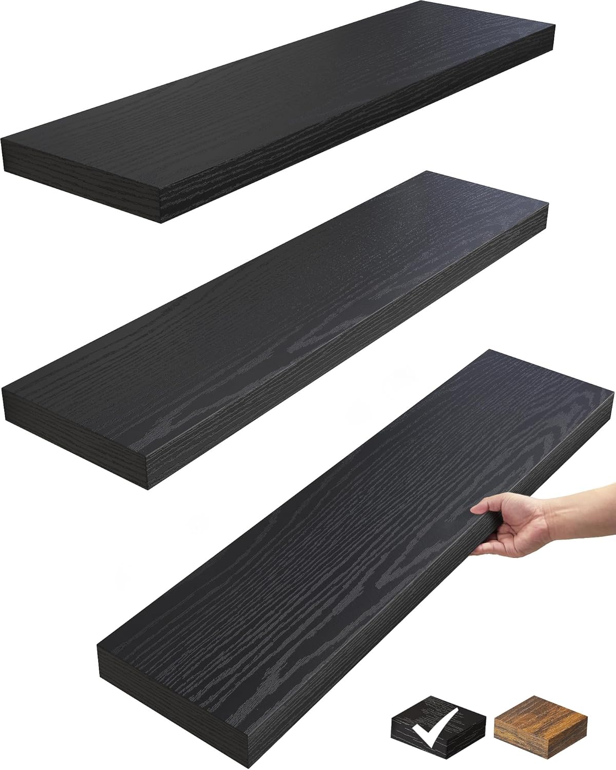 BAYKA Floating Shelves for Wall, 36 inches Long Wall Mounted Rustic Wood Shelves for Bathroom, Bedroom, Living Room, for Book/Storage/Decor with 30lbs Capacity - Black,Set of 3