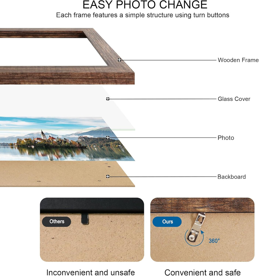 12x22 Picture Frame Set of 2, Rustic Brown with Glass Collage Frame, Display Eight Opening 4x6 Photos With Mat or 12 x 22 Newspaper Without Mat - Horizontal or Vertical Wall Mounting