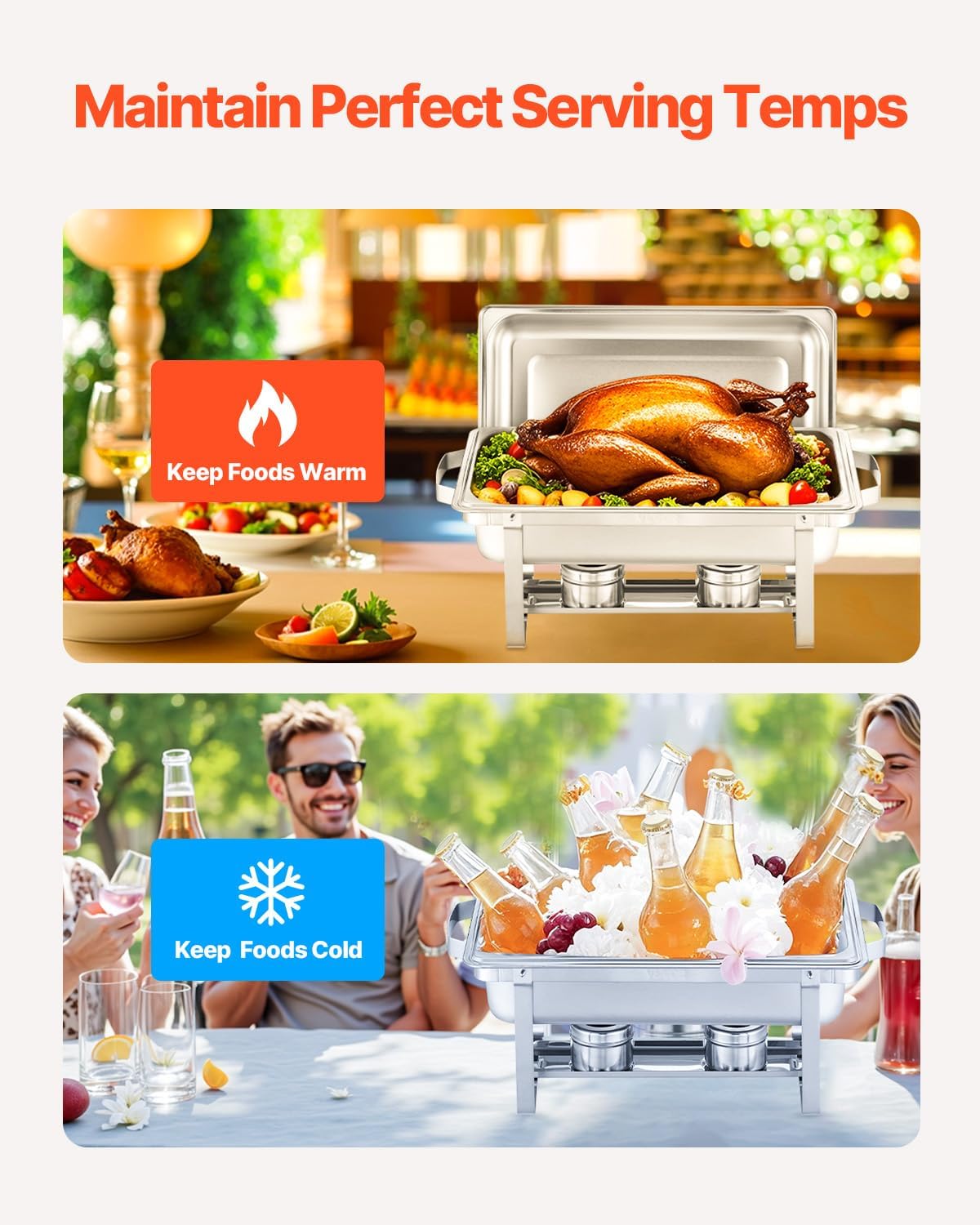 VEVOR Chafing Dish Buffet Set, 8 Qt 4 Pack, Stainless Chafer with 4 Full Size Pans, Rectangle Catering Warmer Server with Lid Water Pan Folding Stand Fuel Tray Holder Spoon Clip