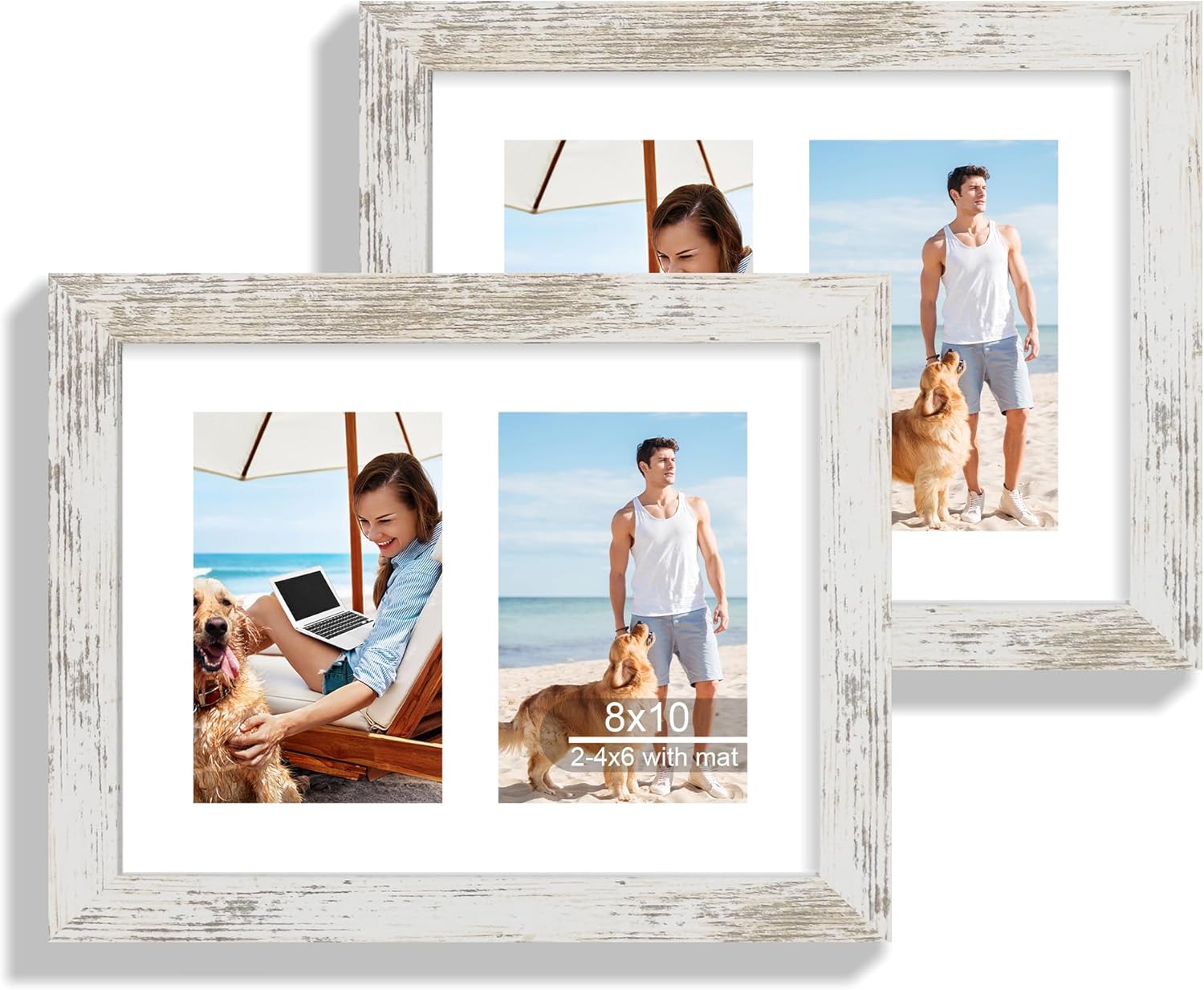 12x22 Picture Frame Set of 2, Rustic Brown with Glass Collage Frame, Display Eight Opening 4x6 Photos With Mat or 12 x 22 Newspaper Without Mat - Horizontal or Vertical Wall Mounting