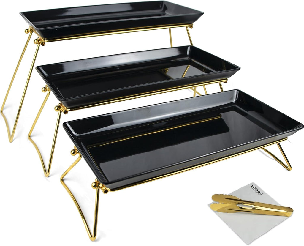 Extra Large 3 Tier Serving Tray, 24 x22 x 9.8 Inch Melamine Tiered Tray Stand and Platters for Party Buffet Entertaining, White and Gold