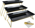 Extra Large 3 Tier Serving Tray, 24 x22 x 9.8 Inch Melamine Tiered Tray Stand and Platters for Party Buffet Entertaining, White and Gold