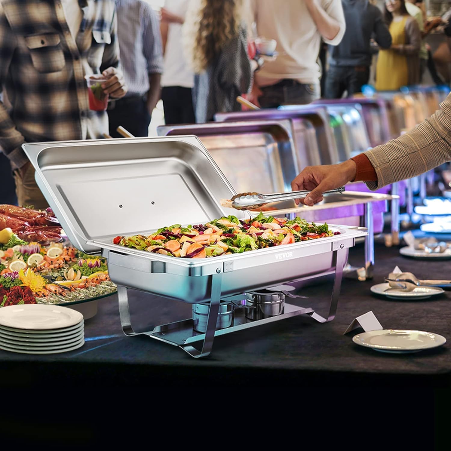 VEVOR Chafing Dish Buffet Set, 8 Qt 2 Pack, Stainless Steel Chafer with 2 Full Size Pans, Rectangle Catering Warmer Server with Glass Lid Water Pan Folding Stand Fuel Holder, for Wedding Party Banquet