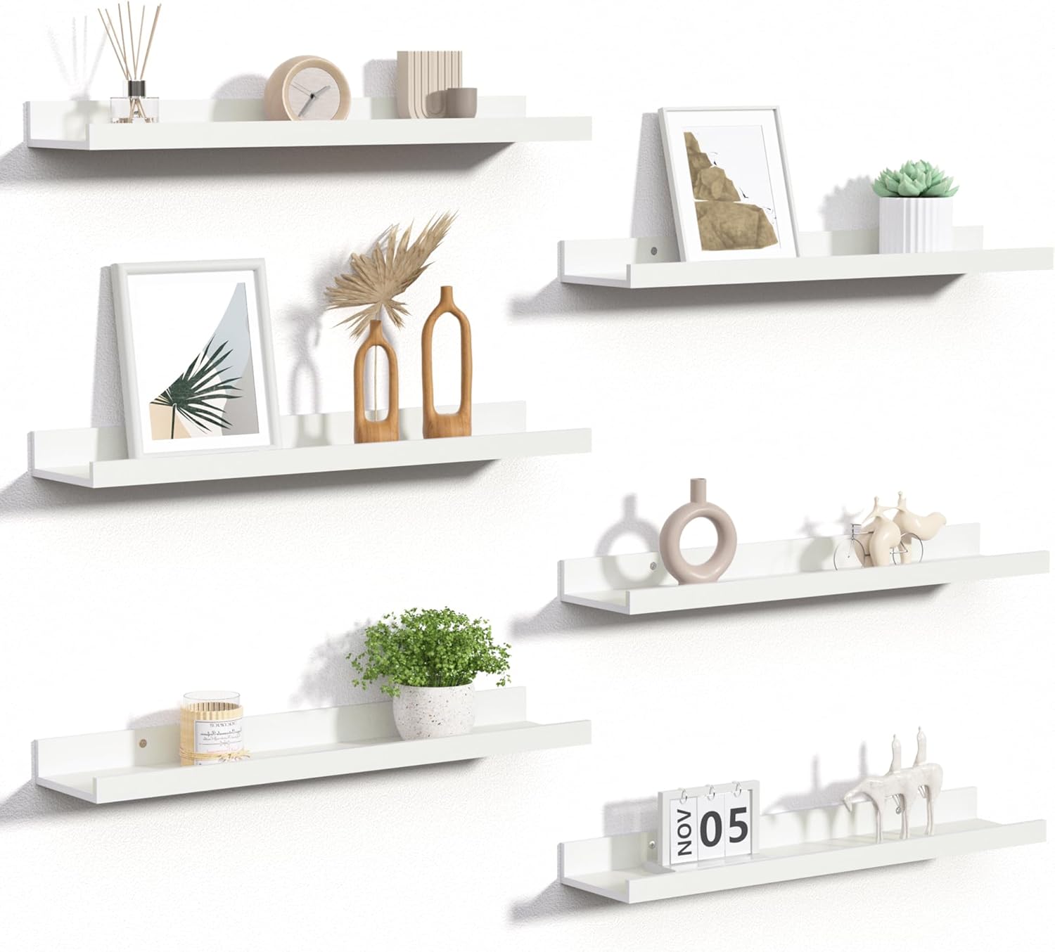 upsimples Floating Shelves for Wall, 35.5 Inch Shelves for Decor Storage Set of 6, Wall Mounted Wood Shelf for Bedroom, Living Room, Bathroom, Kitchen, Long Picture Ledge Shelves, Brown