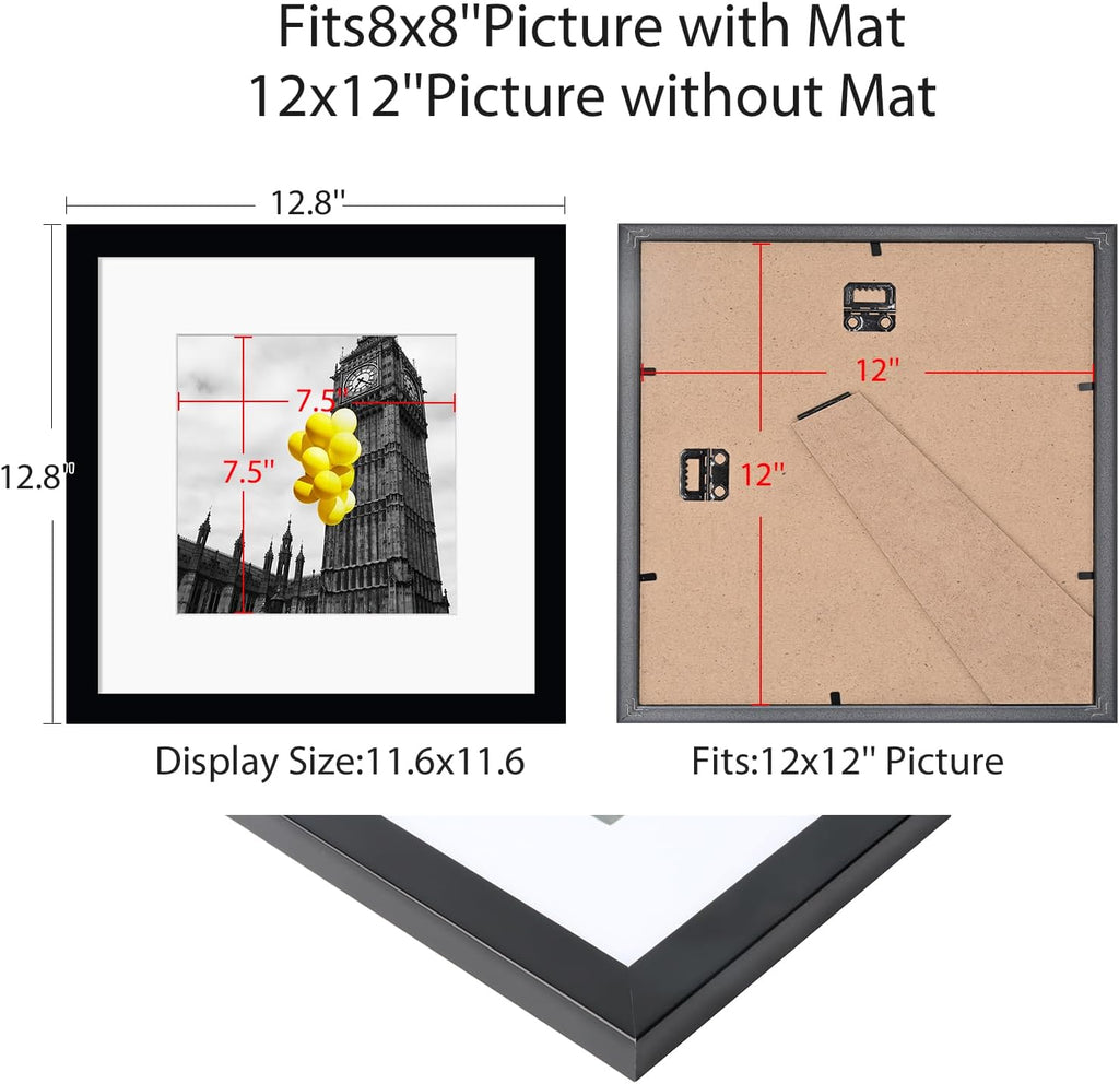 12x12 Picture Frame Set of 9, Display Pictures 8x8 with Mat or 12x12 without Mat, Multi Collage Gallery Square Photo Frames for Wall or Tabletop, Black