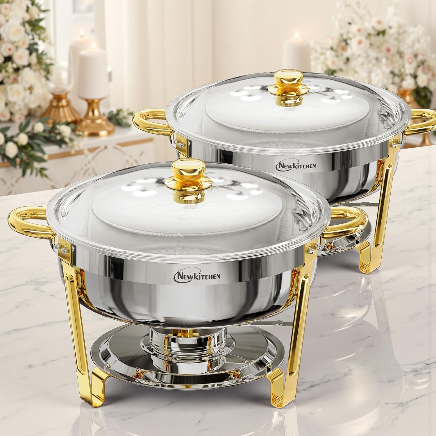 Chafing Dishes for Buffet 4 Pack, 6QT Round Chafing Dishes for Buffet [Elegant Gold and Silver Colors] Stainless Steel Chafing Dish Buffet Set for Any Party