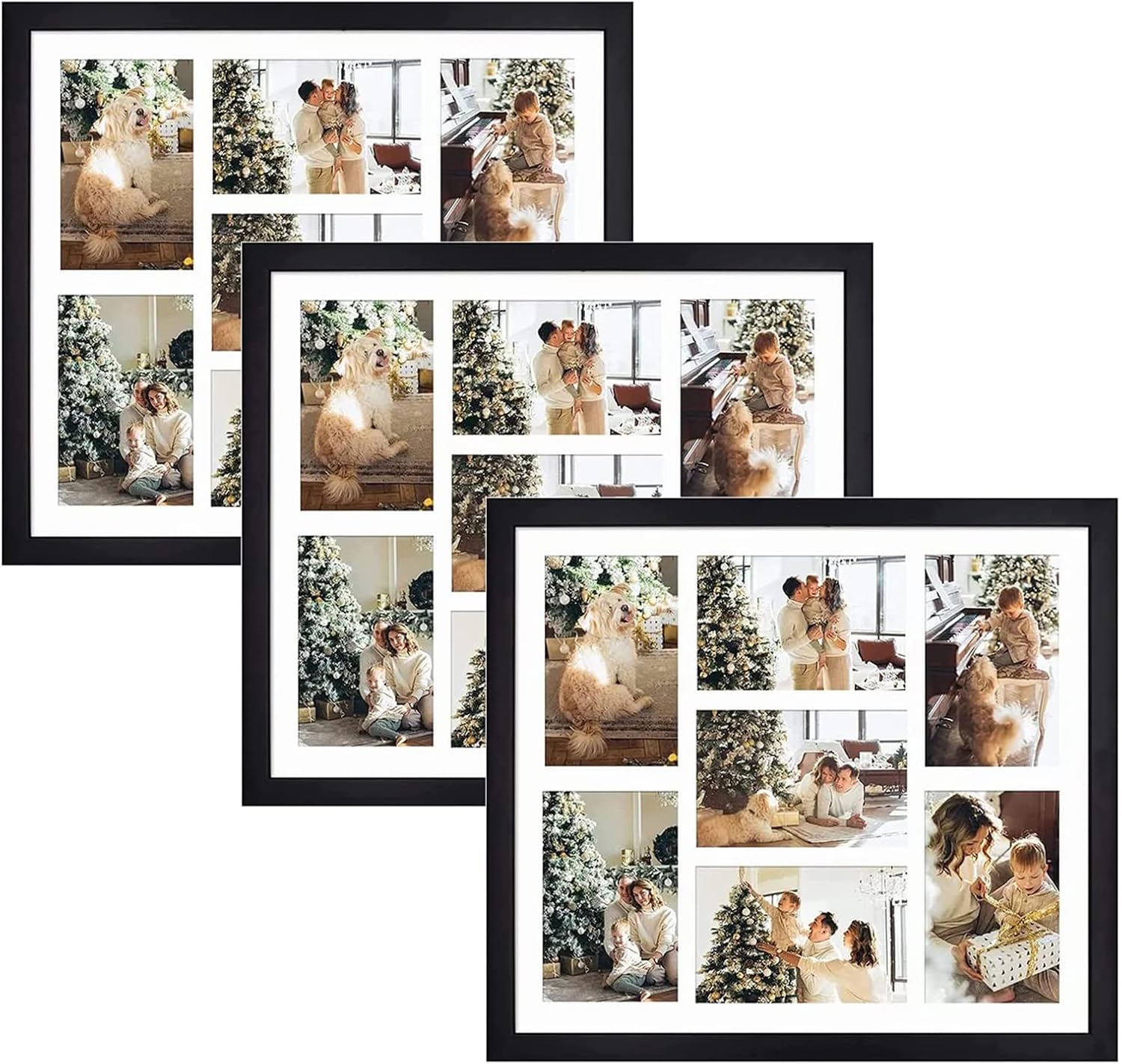 Golden State Art, 13.7x15.7 Matted Black Wood 7-Opening for 4 x 6 Collage Picture Frame