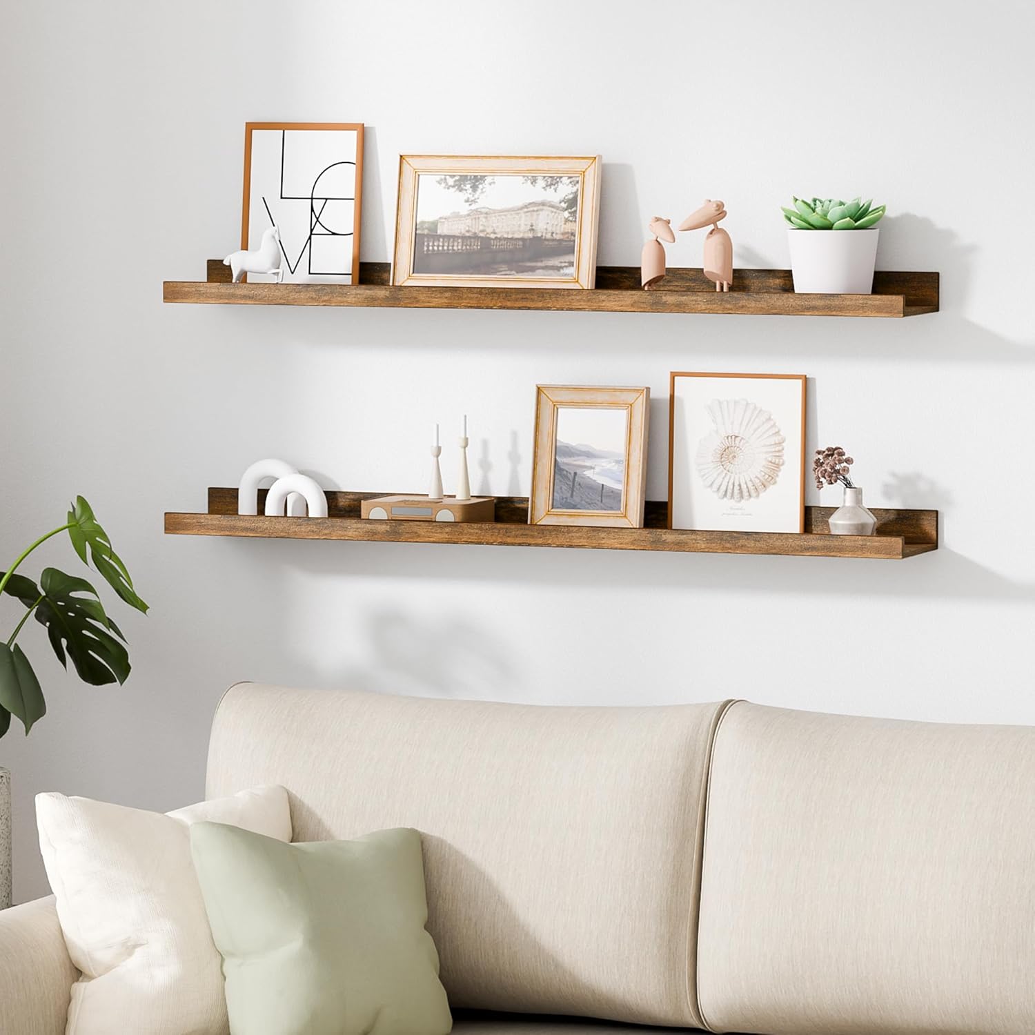 upsimples Floating Shelves for Wall, 35.5 Inch Shelves for Decor Storage Set of 6, Wall Mounted Wood Shelf for Bedroom, Living Room, Bathroom, Kitchen, Long Picture Ledge Shelves, Brown
