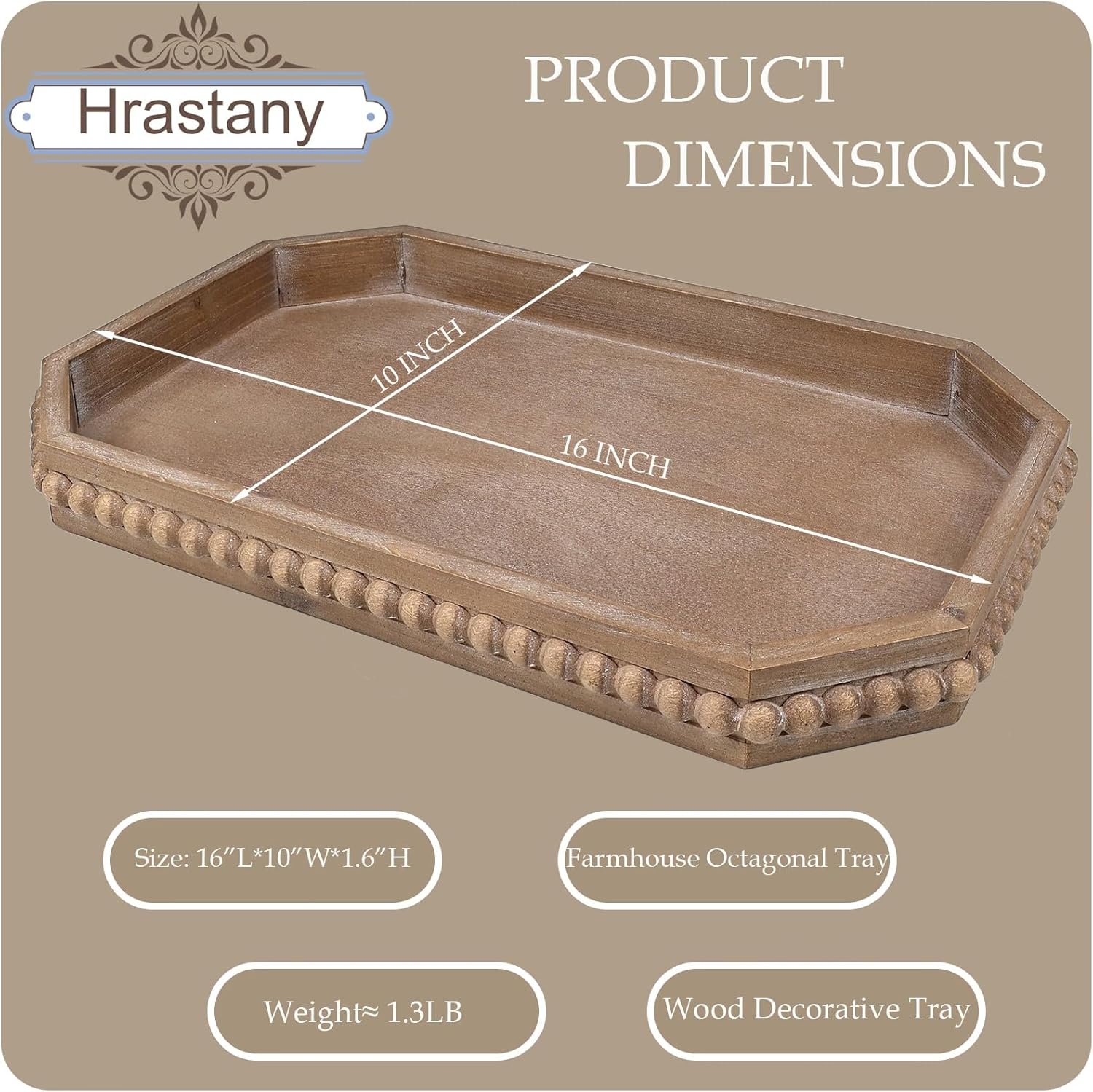 Wood Rustic Serving Tray with Beads, Farmhouse Brown Decorative Tray for Table Centerpiece, Christmas Wedding Halloween Home Decor