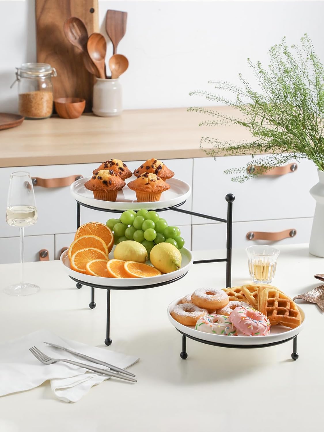 Kanwone 3 Tiered Serving Stand with White Porcelain Plates, 10" Round Tray, Dessert Table Display Set, Black Metal Stand, Versatile & Durable