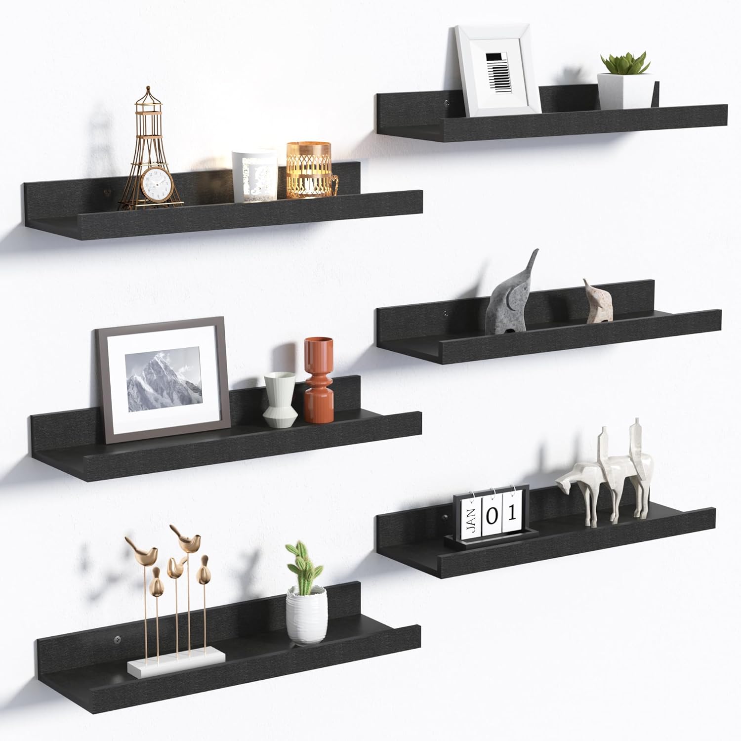 upsimples Floating Shelves for Wall, 35.5 Inch Shelves for Decor Storage Set of 6, Wall Mounted Wood Shelf for Bedroom, Living Room, Bathroom, Kitchen, Long Picture Ledge Shelves, Brown