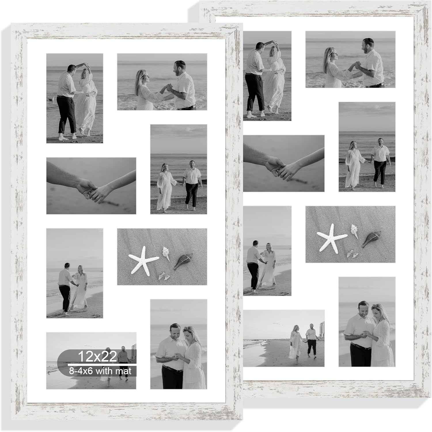 12x22 Picture Frame Set of 2, Rustic Brown with Glass Collage Frame, Display Eight Opening 4x6 Photos With Mat or 12 x 22 Newspaper Without Mat - Horizontal or Vertical Wall Mounting