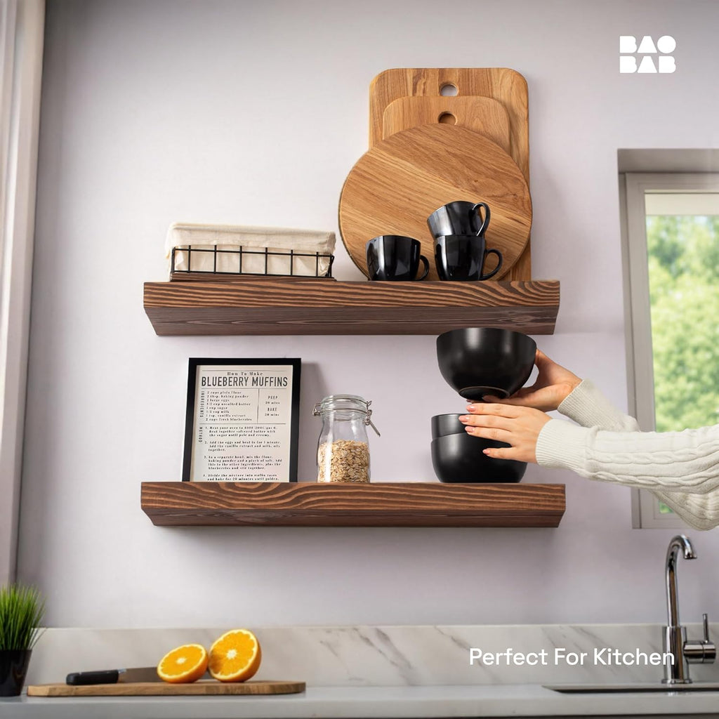 BAOBAB WORKSHOP Wood Floating Shelves Set of 2 - Rustic Shelf 24 inch - Floating Shelf for Wall Mounted - Wide Wooden Wall Shelves for Living Room Bedroom Kitchen Bathroom - Dark Walnut - 24W x 6.7D