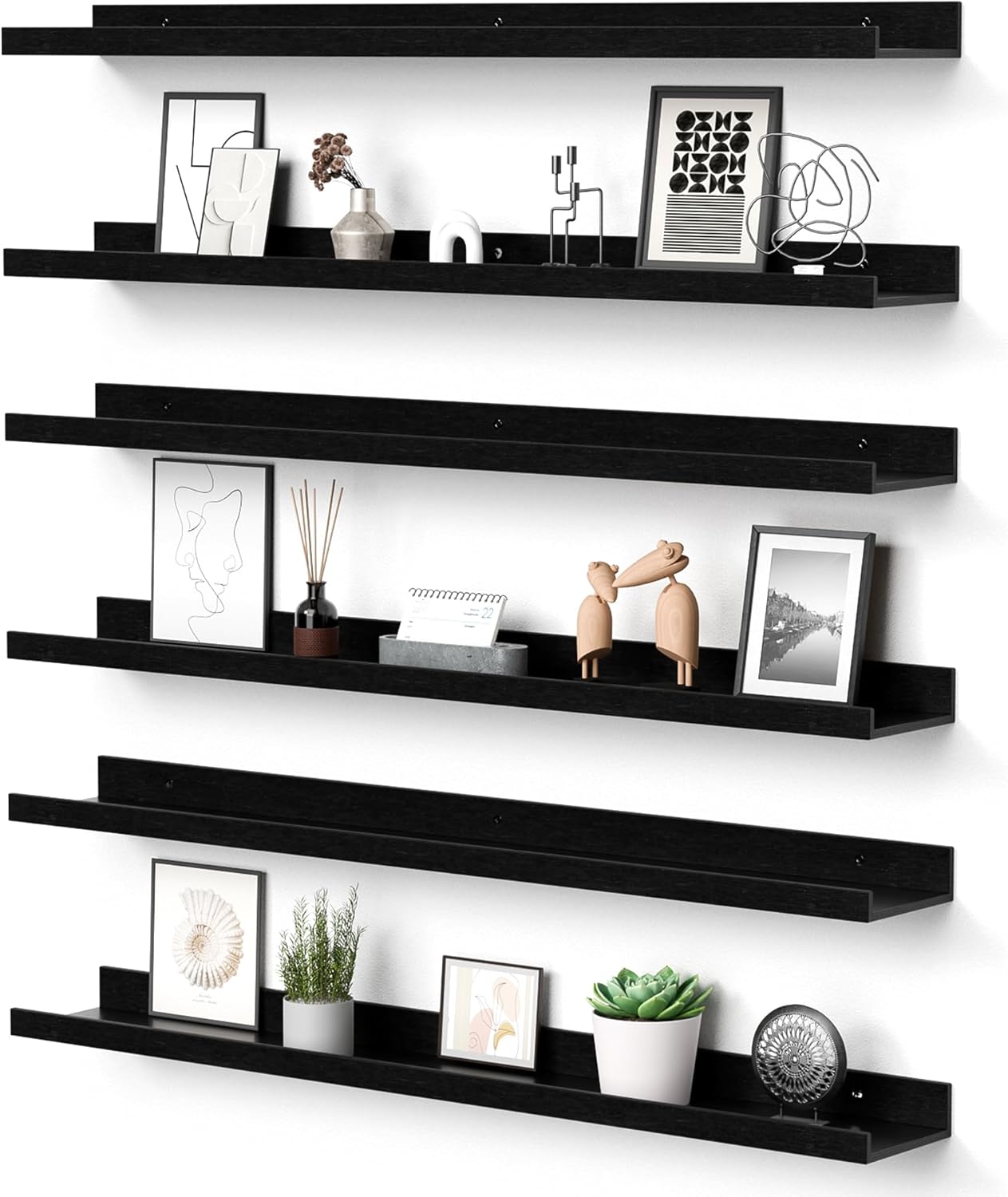upsimples Floating Shelves for Wall, 35.5 Inch Shelves for Decor Storage Set of 6, Wall Mounted Wood Shelf for Bedroom, Living Room, Bathroom, Kitchen, Long Picture Ledge Shelves, Brown