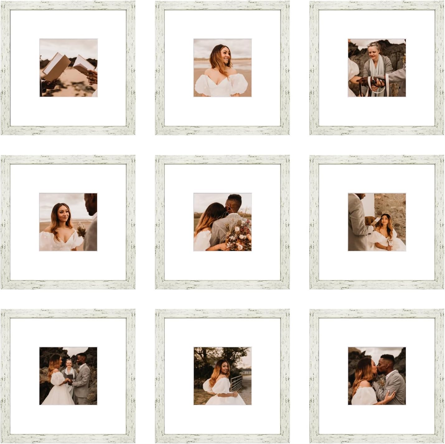 12x12 Picture Frame Set of 9, Display Pictures 8x8 with Mat or 12x12 without Mat, Multi Collage Gallery Square Photo Frames for Wall or Tabletop, Black