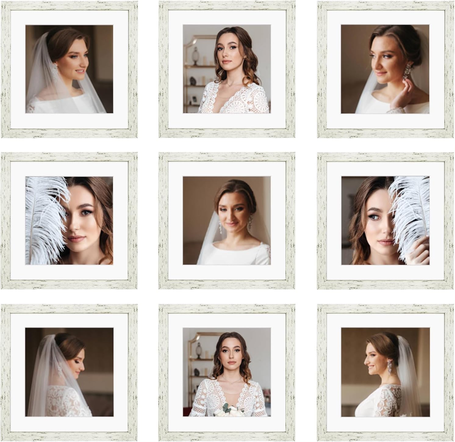 12x12 Picture Frame Set of 9, Display Pictures 8x8 with Mat or 12x12 without Mat, Multi Collage Gallery Square Photo Frames for Wall or Tabletop, Black