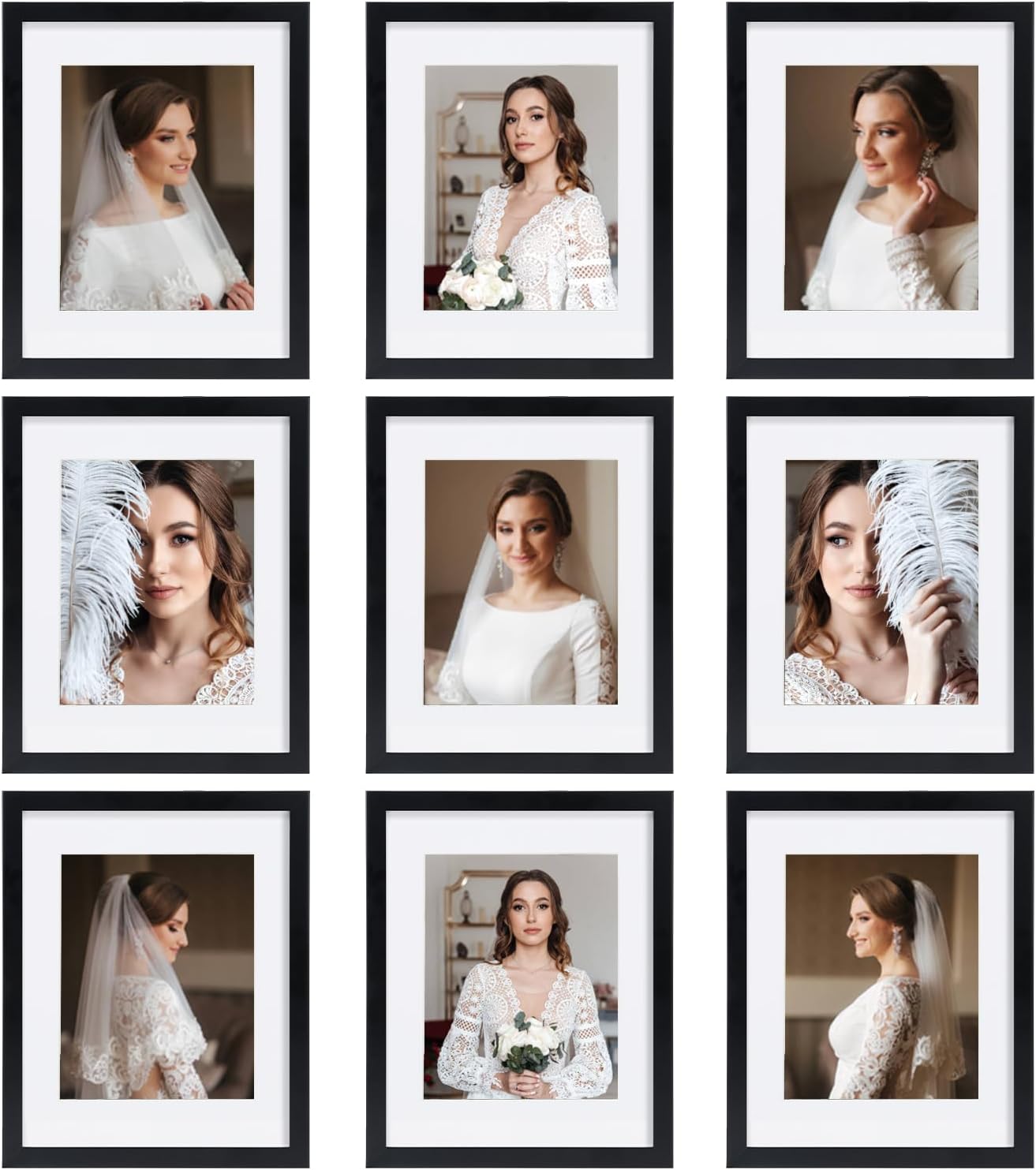 12x12 Picture Frame Set of 9, Display Pictures 8x8 with Mat or 12x12 without Mat, Multi Collage Gallery Square Photo Frames for Wall or Tabletop, Black