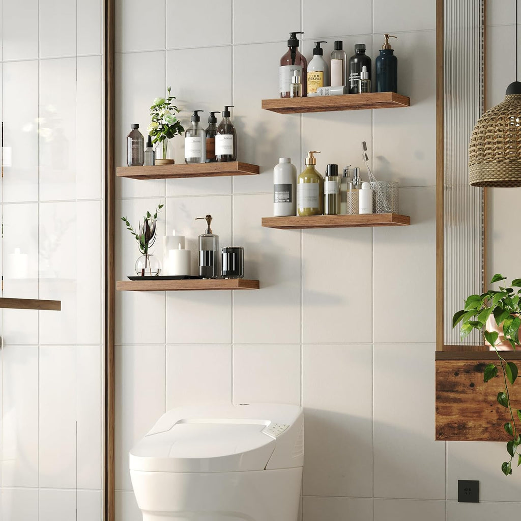 HOOBRO Floating Shelves for Wall, Wall Mounted Shelf Set of 2, 23.6" Hanging Shelf with Invisible Brackets, for Wall in Bathroom, Bedroom, Toilet, Kitchen, Living Room, Office, Rustic Brown BF60BJ01