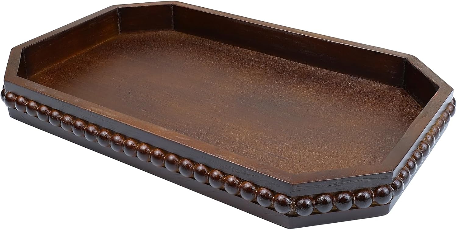Wood Rustic Serving Tray with Beads, Farmhouse Brown Decorative Tray for Table Centerpiece, Christmas Wedding Halloween Home Decor