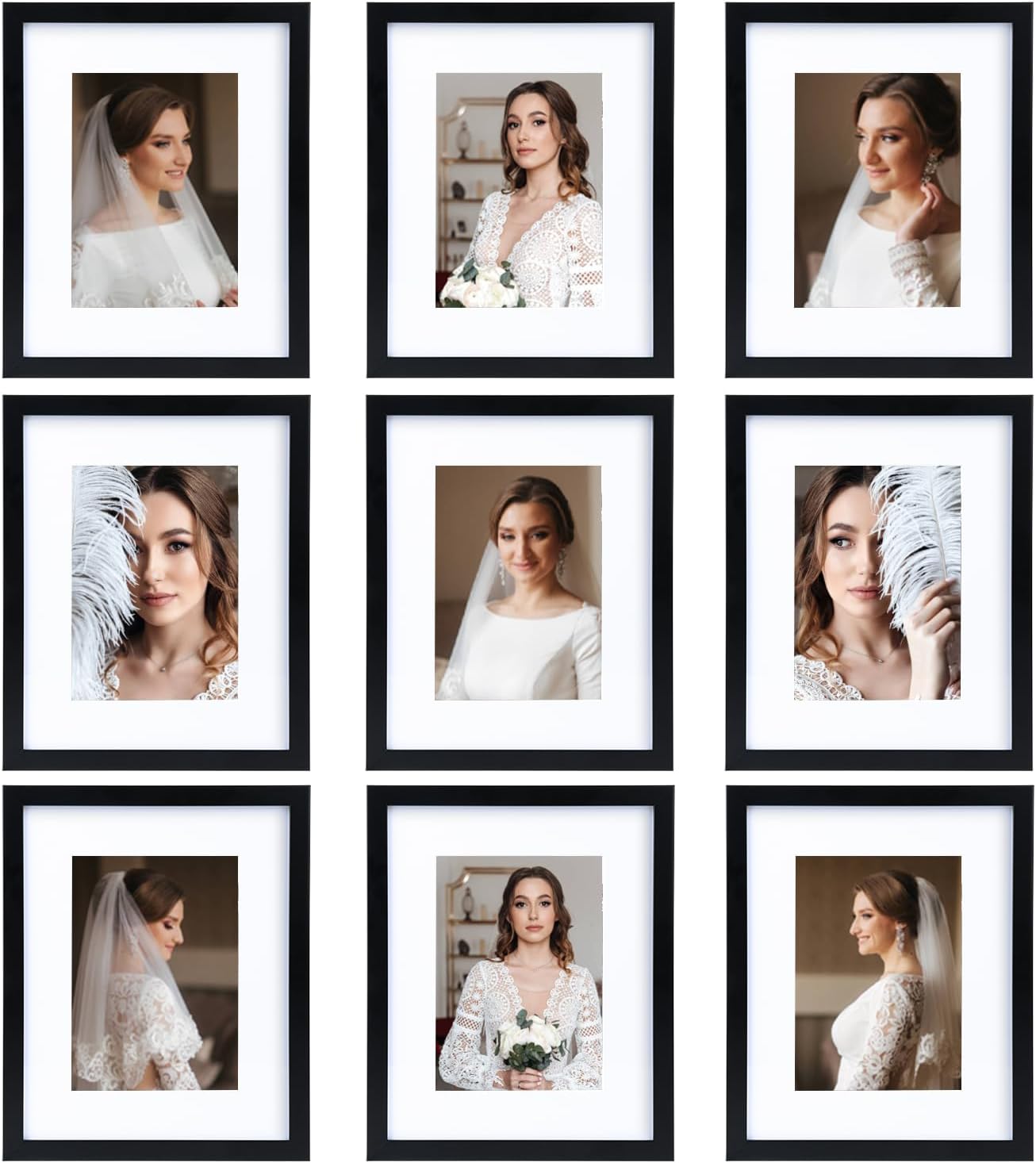 12x12 Picture Frame Set of 9, Display Pictures 8x8 with Mat or 12x12 without Mat, Multi Collage Gallery Square Photo Frames for Wall or Tabletop, Black